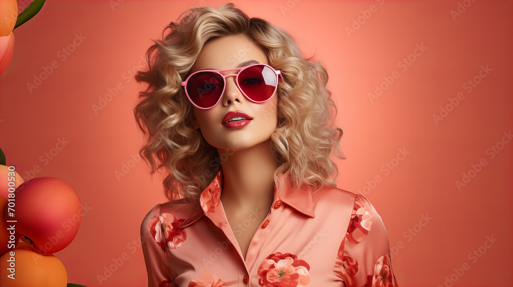 Blonde woman in sunglasses with heart, Greeting card for Happy Womens Day, Mother's day, Easter, Valentine day, Birthday. Springtime composition with copy space. Pink peach colours for the year 2024 Blonde woman in sunglasses with heart, Greeting card for Happy Womens Day, Mother's day, Easter, Valentine day, Birthday. Springtime composition with copy space. Pink peach colours for the year 2024