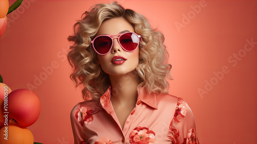Blonde woman in sunglasses with heart, Greeting card for Happy Womens Day, Mother's day, Easter, Valentine day, Birthday. Springtime composition with copy space. Pink peach colours for the year 2024