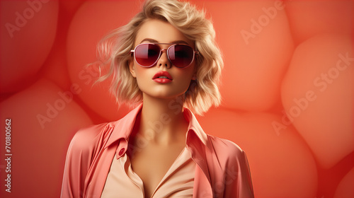 Blonde woman in sunglasses with heart, Greeting card for Happy Womens Day, Mother's day, Easter, Valentine day, Birthday. Springtime composition with copy space. Pink peach colours for the year 2024