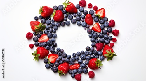 A circle made up of strawberries and blueberries.