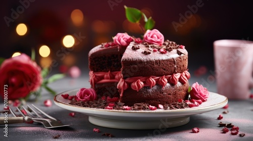  a close up of a cake on a plate on a table with a fork and a cup in the background.