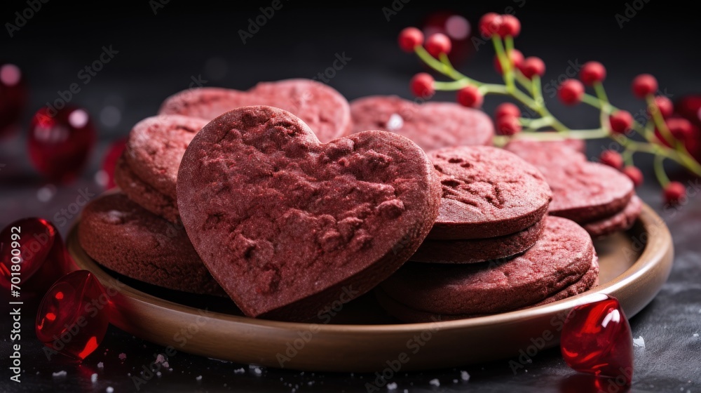 a plate filled with heart shaped cookies next to a vase with red flowers and red glass hearts on top of it. a plate filled with heart shaped cookies next to a vase with red flowers and red glass hearts on top of it.