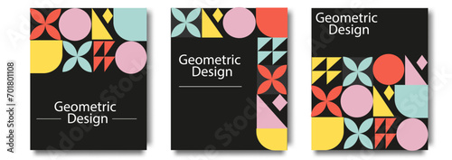 Abstract Bauhaus geometric backgrounds with circle, triangle and square shapes.  Minimalistic trendy brutalist backgrounds.