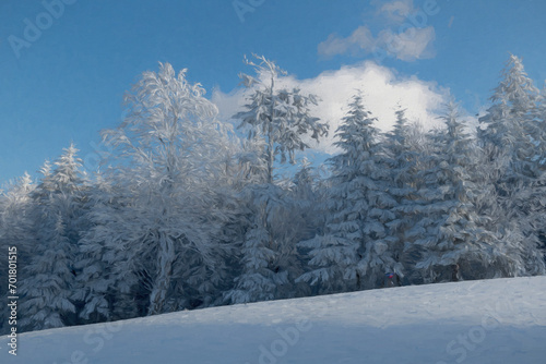 Frozen trees along the ski trail with white cloud paintgraphy 2