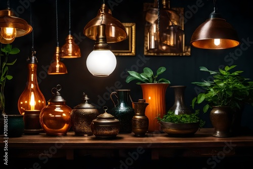 Various decorative items (lamp, vase, picture frame) are decorated in (home, garden, restaurant, coffee shop) small glass decorated beautifully