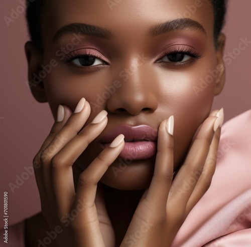 Young beauty african american woman with a perfect manicure, stylish pink nail polish on her lips, pensive poses.