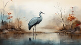 A gray heron stands next to dry golden pampas grass in a swamp, old Chinese style drawing.