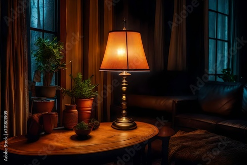 View of a cozy decorative corner with a table lamp spending warm light