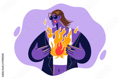 Woman with fire in soul symbolizing suffering and despair, looks in style of cyberpunk or futurism