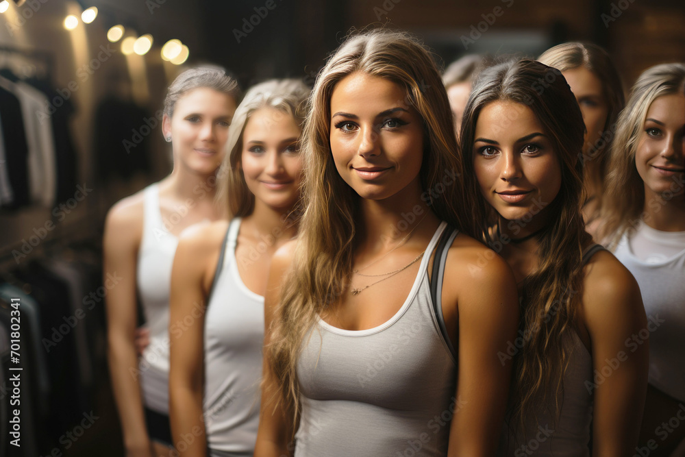 Obraz premium Photo shoot of a group of stunning young girls, doing yoga, fitness in a modern yoga studio, crop top and yoga shorts.