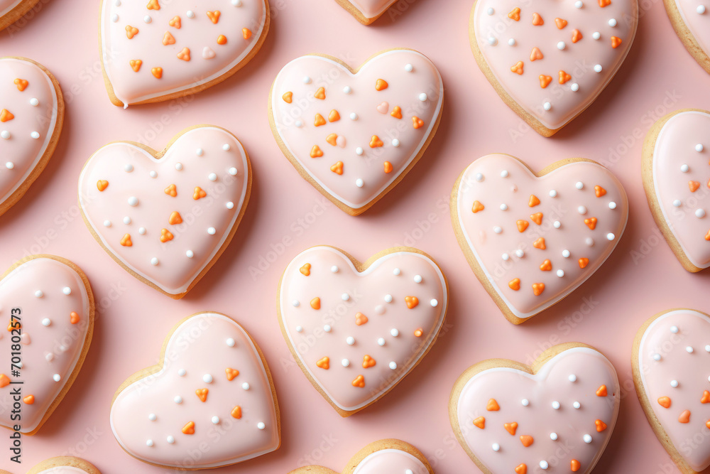 Heart shaped delicious glazed cookies, pink pastel background, top view. Homemade food.