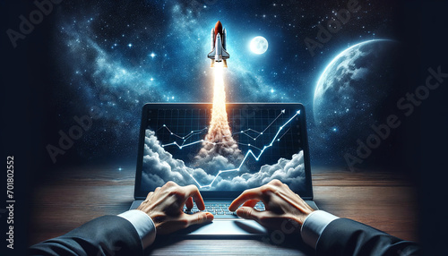 A space rocket launching from a laptop to the moon. With the profit graph display on the screen. Business and financial concept photo