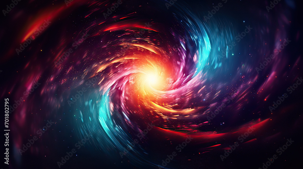 A swirling vortex of vibrant, multicolored light particles representing a powerful energy flow in a dark space Ai Generative