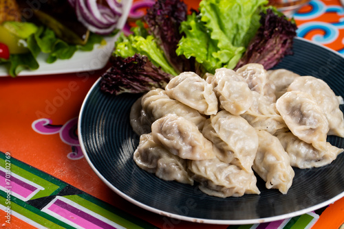 Tsagaan Sar table with Mongolian food, mongolian national food, mongolian traditional food buuz asian lunar year food