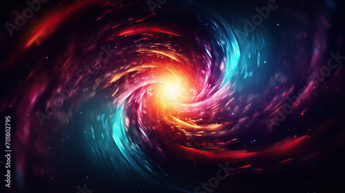 A swirling vortex of vibrant, multicolored light particles representing a powerful energy flow in a dark space Ai Generative