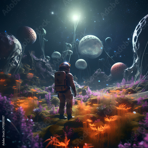 Space explorer encountering alien flora.