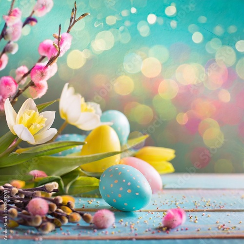Easter springtime background with copyspace in bright pastel colours. Pink and yellow flowers, colour eggs in a wicker basket on the green grass.