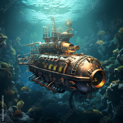 Steampunk submarine exploring the depths of the ocean.