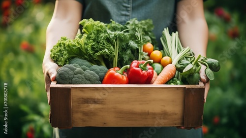 Farmer hands holding a wooden box filled with an assortment of fresh, vibrant vegetables and greens. Eco farm concept. Natural organic farming concept and natural organic practices
