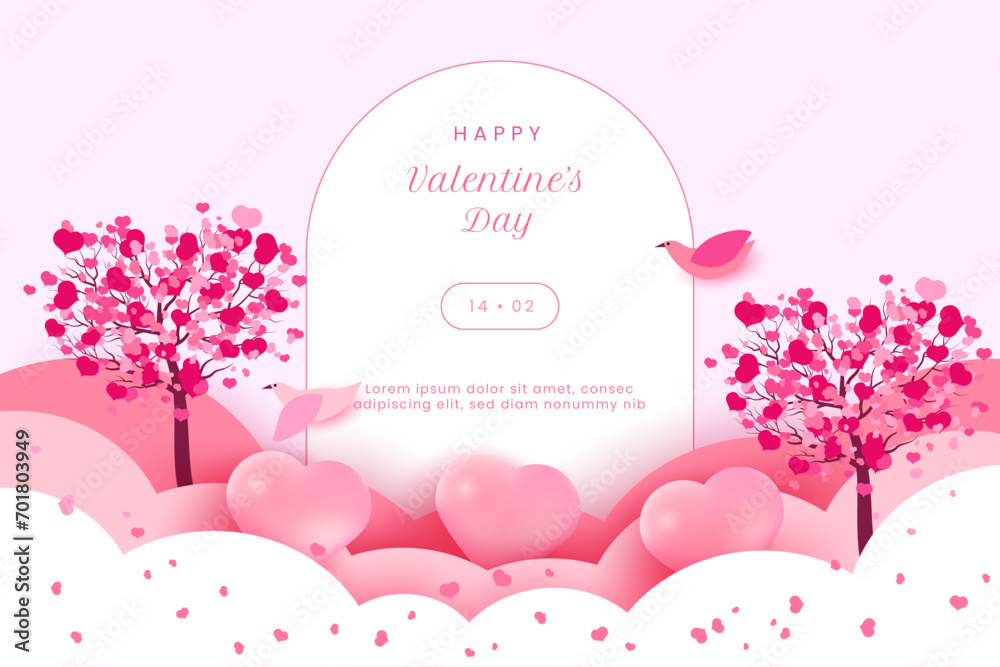 Valentine background with pink color, 3d heart. minimalist frame, clouds, birds. For greeting card, banner, flyer, promotional, website, landing page.