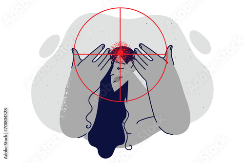Depressed woman at gunpoint near head, suffering from migraine and headache caused by stress