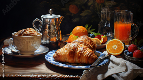 Traditional French breakfast, food, meal, dish, dinner, healthy, delicious, cuisine, juice, meat, plate, gourmet, croissants, closeup, coffee, salad, fruits, France, landscape format 16:9 © Pana