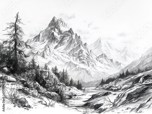 landscape in the mountains pencil sketch