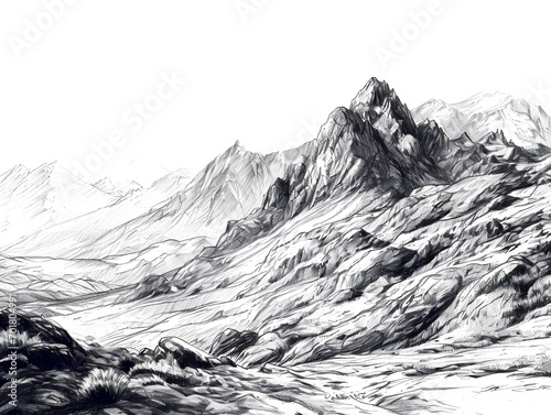 Black and white pencil sketch of a mountain landscape