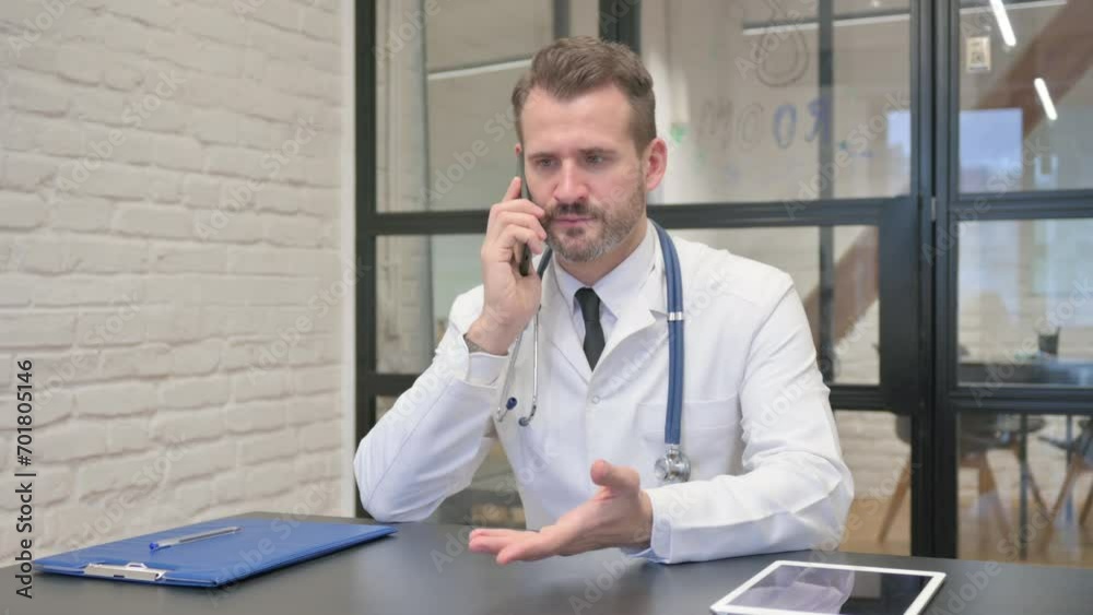 Phone Talk with Patient by Middle Aged Doctor