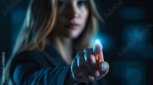 A businesswoman who checks a virtual cyber hologram checkbox with a finger touch in front of a black background. quality document control and business approve project concept. generative AI