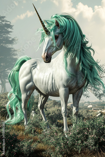 Illustration of a unicorn with green mane and tail.