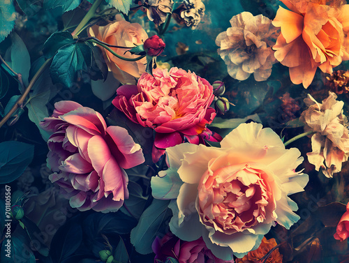 Colorful flowers and roses, peonies, leaves in style retro vintage wallpaper