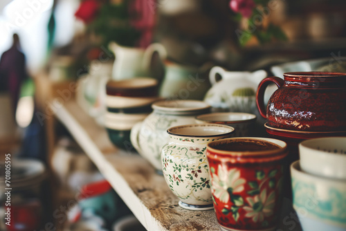 Curated Collection of Vintage Ceramic Teapots and Cups at a Flea Market