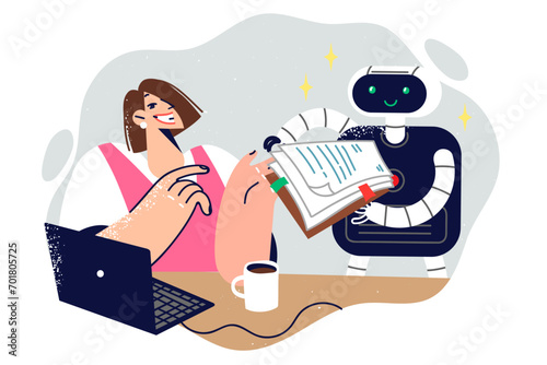 Business woman works with assistant robot that submits documents and performs routine paperwork