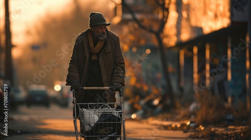 Desperate homeless man carries shopping cart with his belongings photo