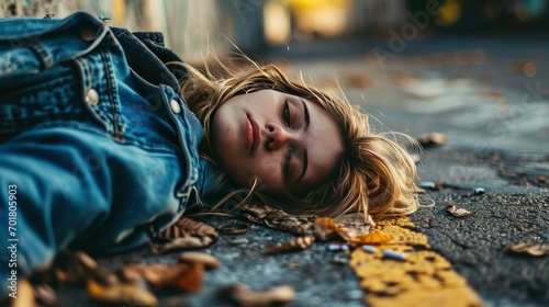 Young girl addicted to opiates lying on the street - modern fentanyl epidemic concept photo