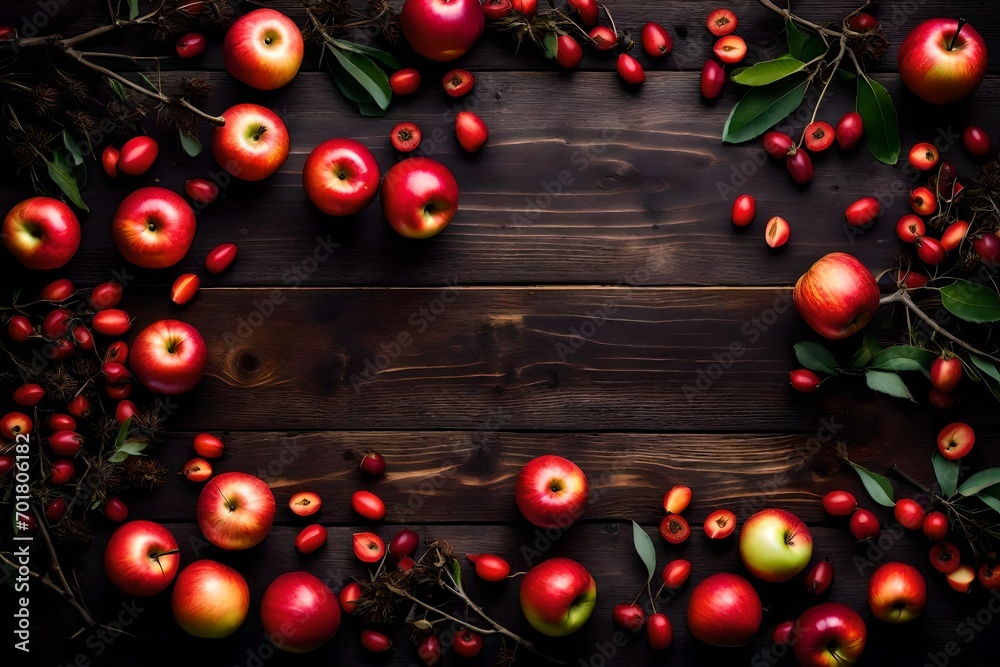 Overhead view of fresh apples on wooden table 