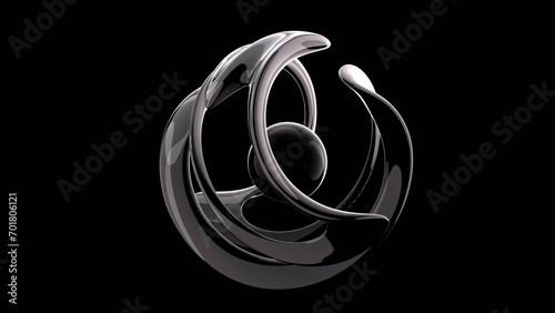 3d render of a black and white symbol on a black background. Grey colors abstract art with surreal 3d organic alien ball. Liquid substance in curve wavy smooth blob blub metal shape