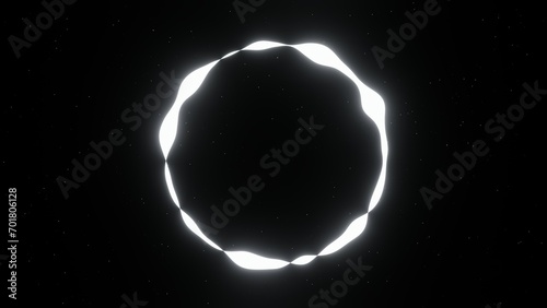3d background with glowing lights. Neon white shine glowing sign. Laser liquid blob fluid circle ring frame isolated black. Abstract retro disco. 