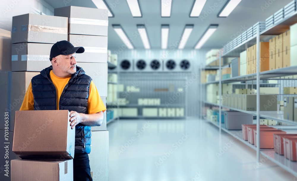Man inside refrigeration warehouse. Worker brings boxes into freezer. Spacious refrigerated cabinet with shelving. Guy works in storage room. Man stands in refrigeration chamber. Warehouse loader