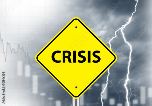 Crisis road sign. Economic collapse. Street sign under stormy sky. Lightning crisis timeline. Destabilization of financial markets. Economic crisis in world. Recession, depression. 3d image photo