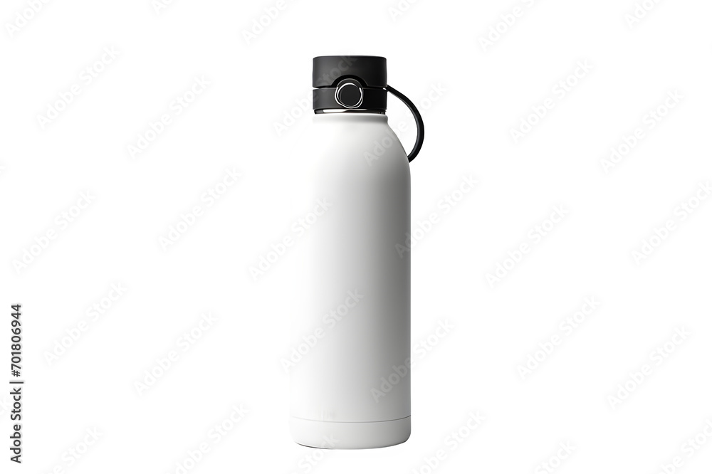 realistic 3d empty glossy white water bottle with black bung closeup isolated on PNG background. realistic 3d empty glossy white water bottle with black bung closeup isolated on PNG background.