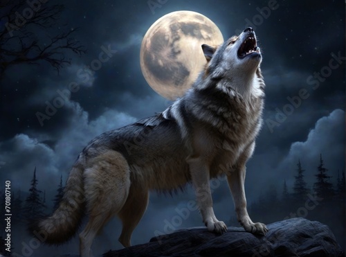 Wolf howling at the full moon in the night forest. Generative AI.