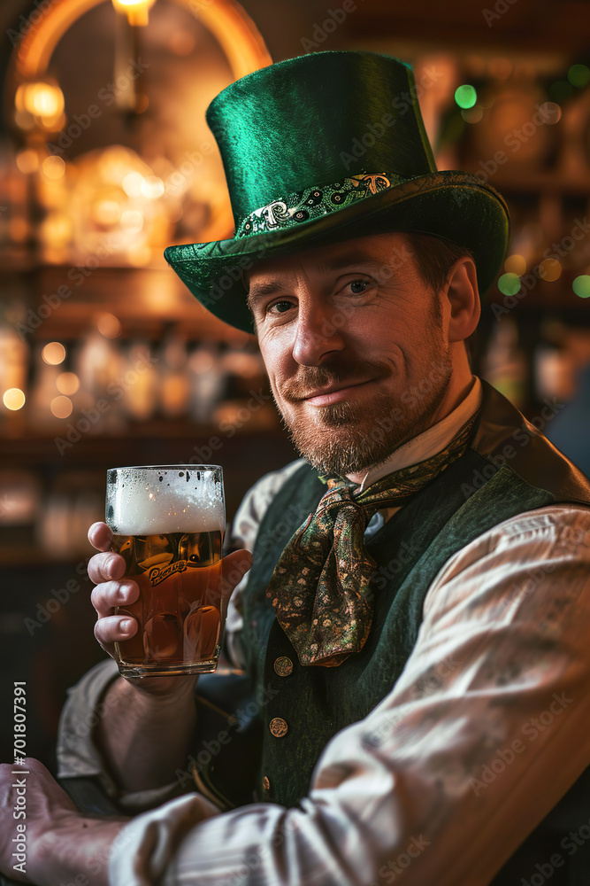 Man in a green top hat, holding a pint of beer.
