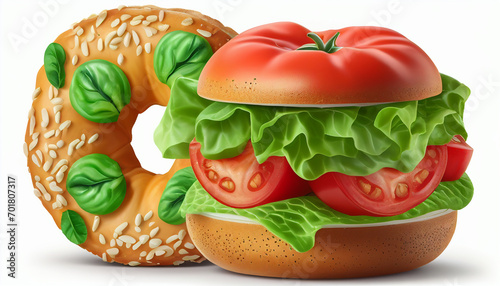 On a white background, bagels with lettuce and tomatoes isolated