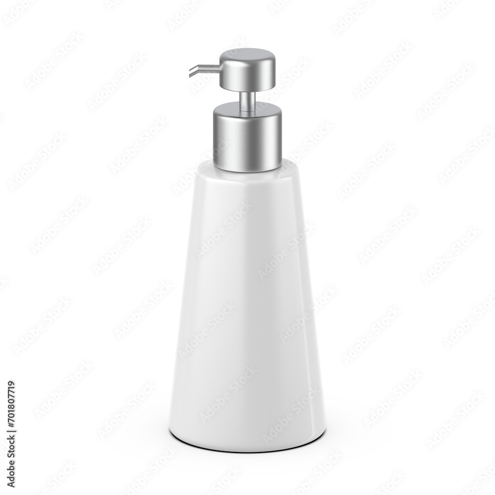Fototapeta premium Blank plastic bottle with metallic pump dispenser for hand wash, soap, sanitizer for branding, 3d illustration.