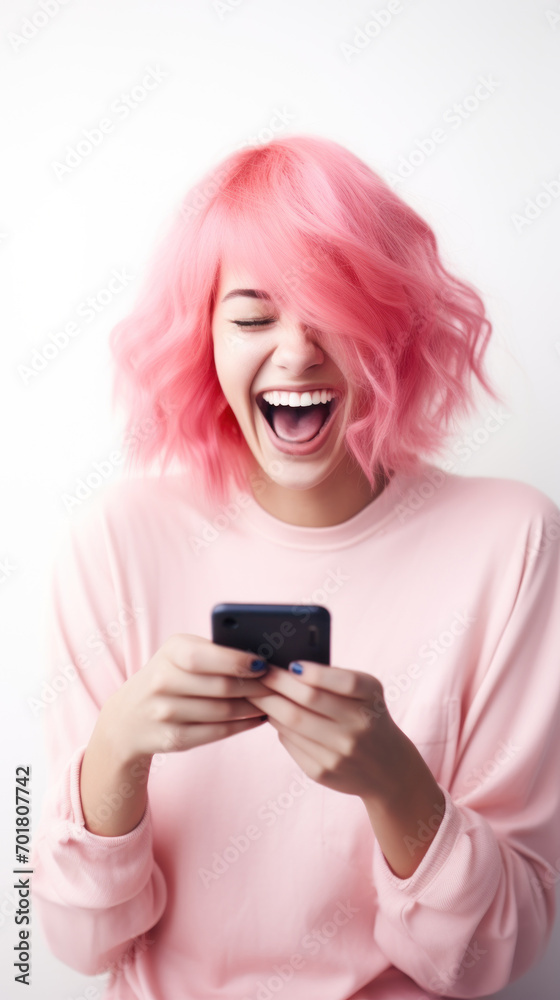 A pink-haired young woman looking at the smartphone and laughing closeup. A pink-haired young woman looking at the smartphone and laughing closeup.