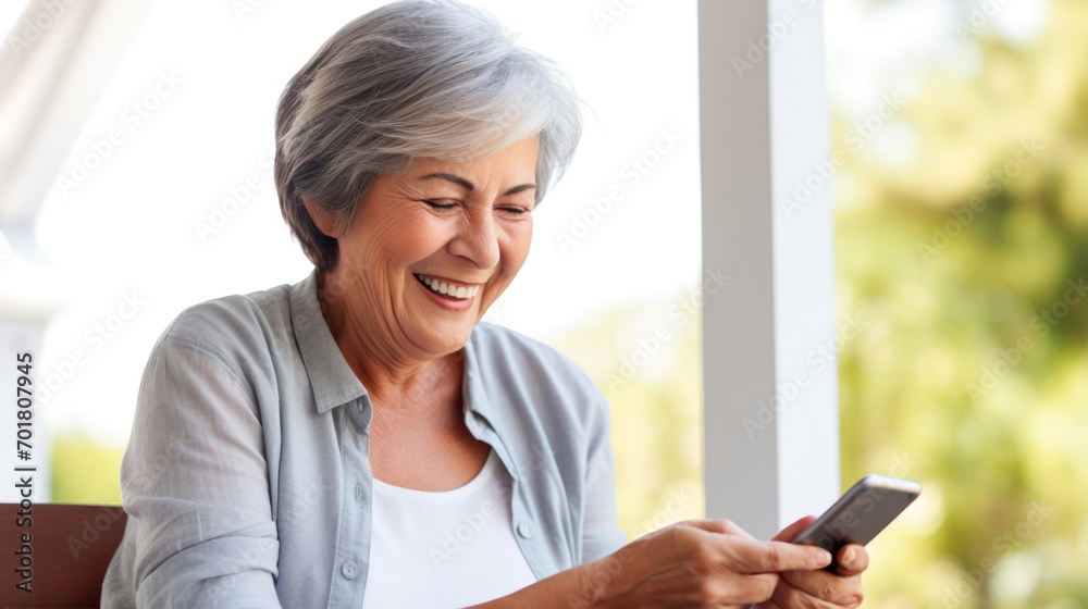 A senior woman looking at the smartphone and laughing closeup. A senior woman looking at the smartphone and laughing closeup.