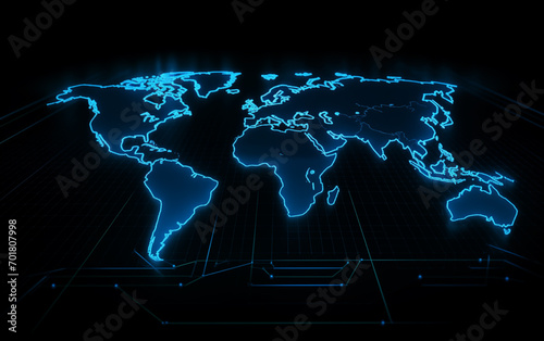 Glowing world map created with Generative AI tecnology.