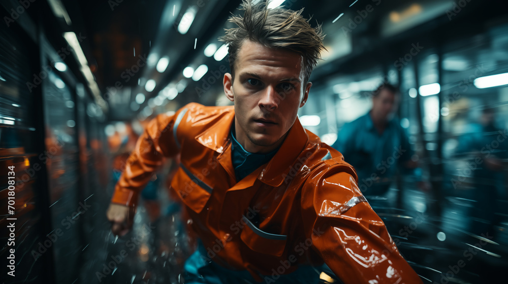 A hurry man in an orange work uniform. Generative AI